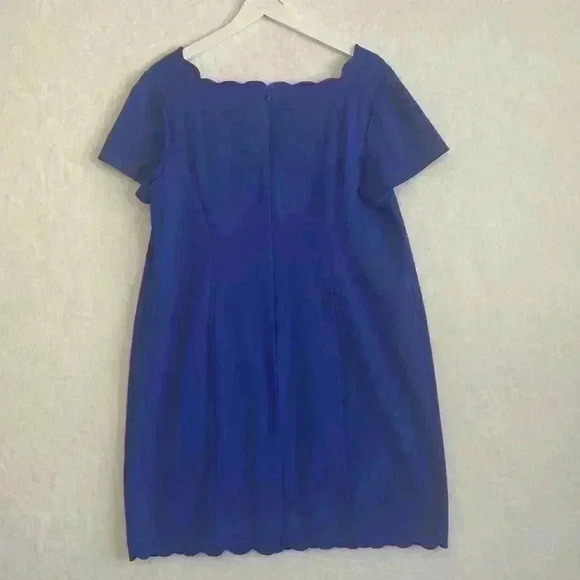 Talbots Womens Blue Scallop Hem & Neck Short Sleeve Back Zip Sheath Dress 14WP - Picture 3 of 6